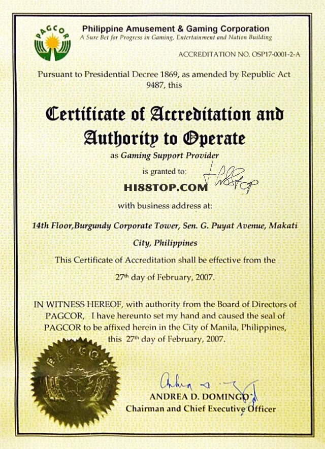 Giấy phép hoạt động Hi88: Đảm bảo an toàn và hợp pháp 1 giấy phép PAGCOR